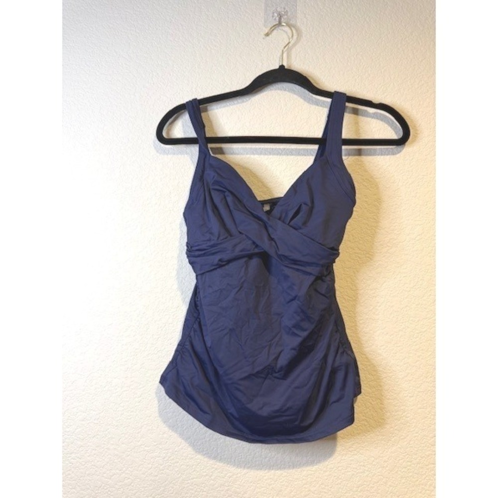 Lands End Navy Blue Tankini top Women V-Neck Wrap Front Ruched Sz 2
